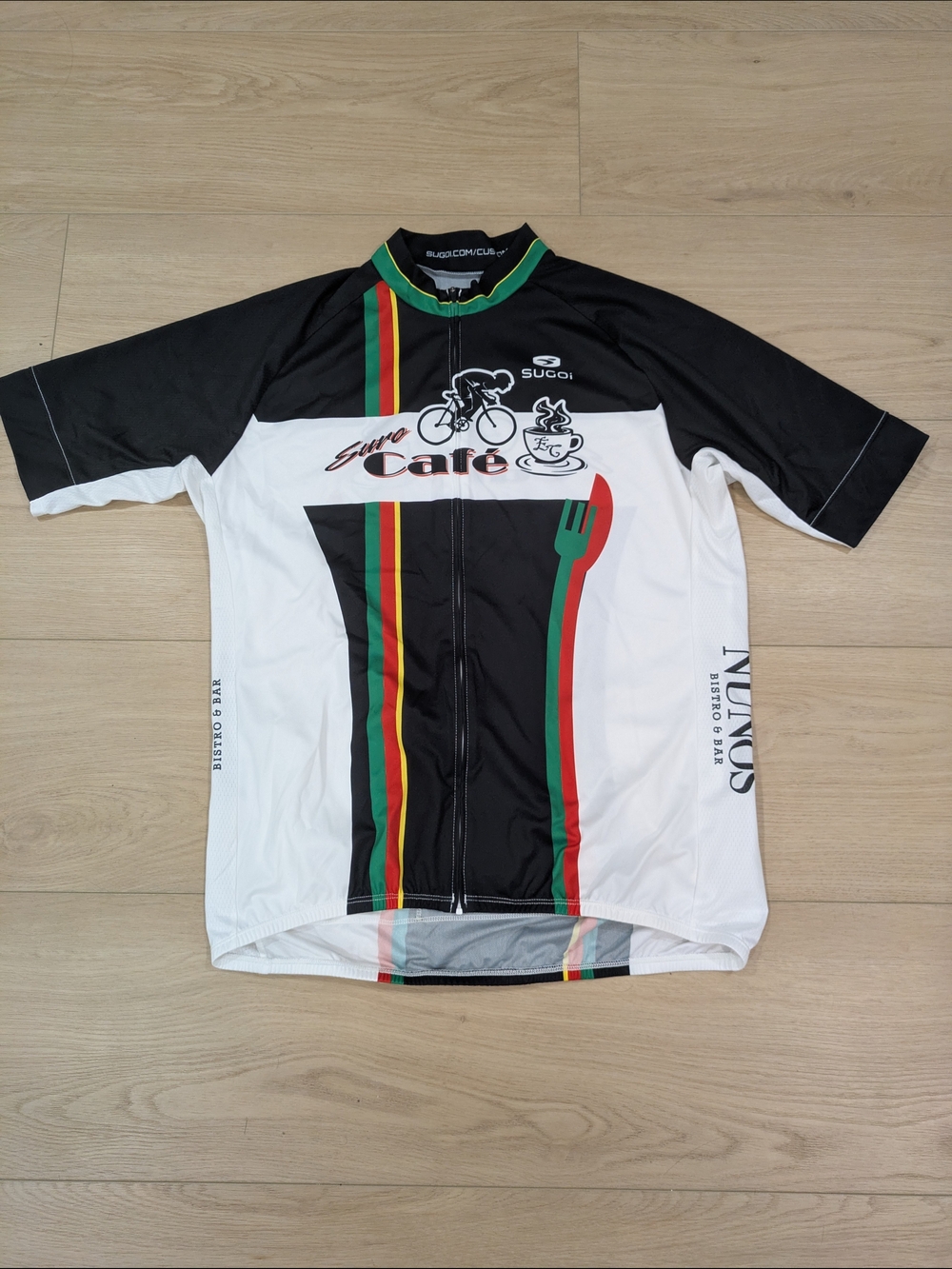 SUGOI Black & White Cycling Jersey with Red Green Yellow Accents